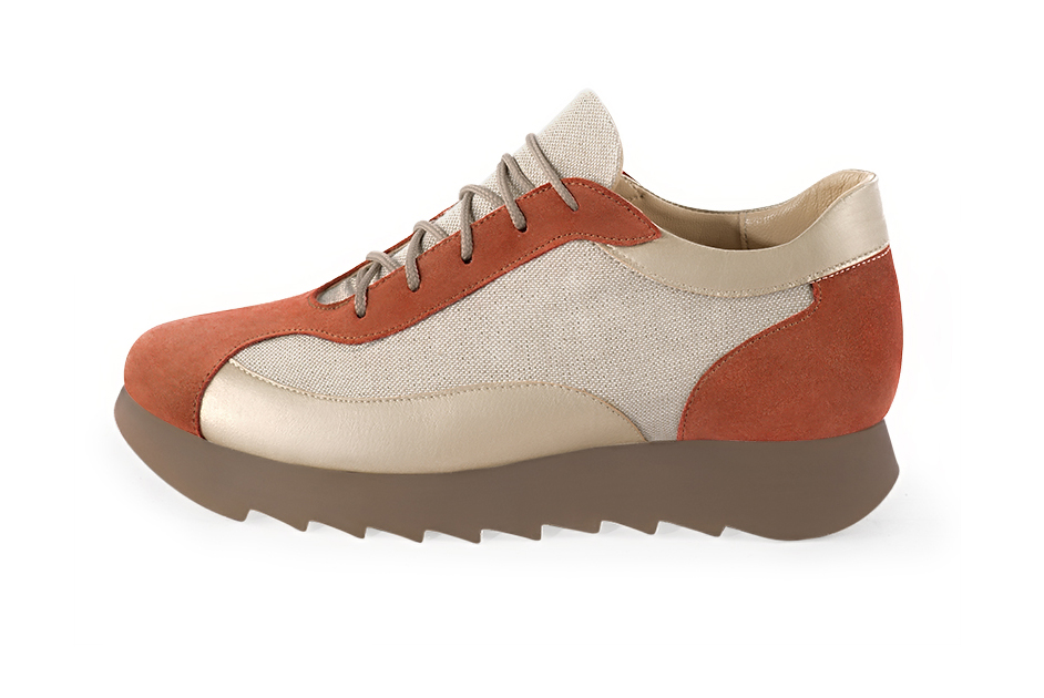French elegance and refinement for these terracotta orange and gold two-tone dress sneakers, 
                available in many subtle leather and colour combinations. Nice Sneakers of "Ville". 
Fine and elegant, it will replace a traditional model.
All color combinations are possible, have fun customizing it.  
                Matching clutches for parties, ceremonies and weddings.   
                You can customize these sneakers to perfectly match your tastes or needs, and have a unique model.  
                Choice of leathers, colours, and soles. 
                Wide range of materials and shades carefully chosen.  
                Small and large shoe sizes - Florence KOOIJMAN